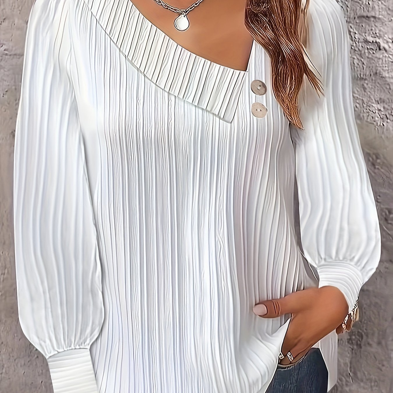  Ribbed Button Long Sleeve Blouse
