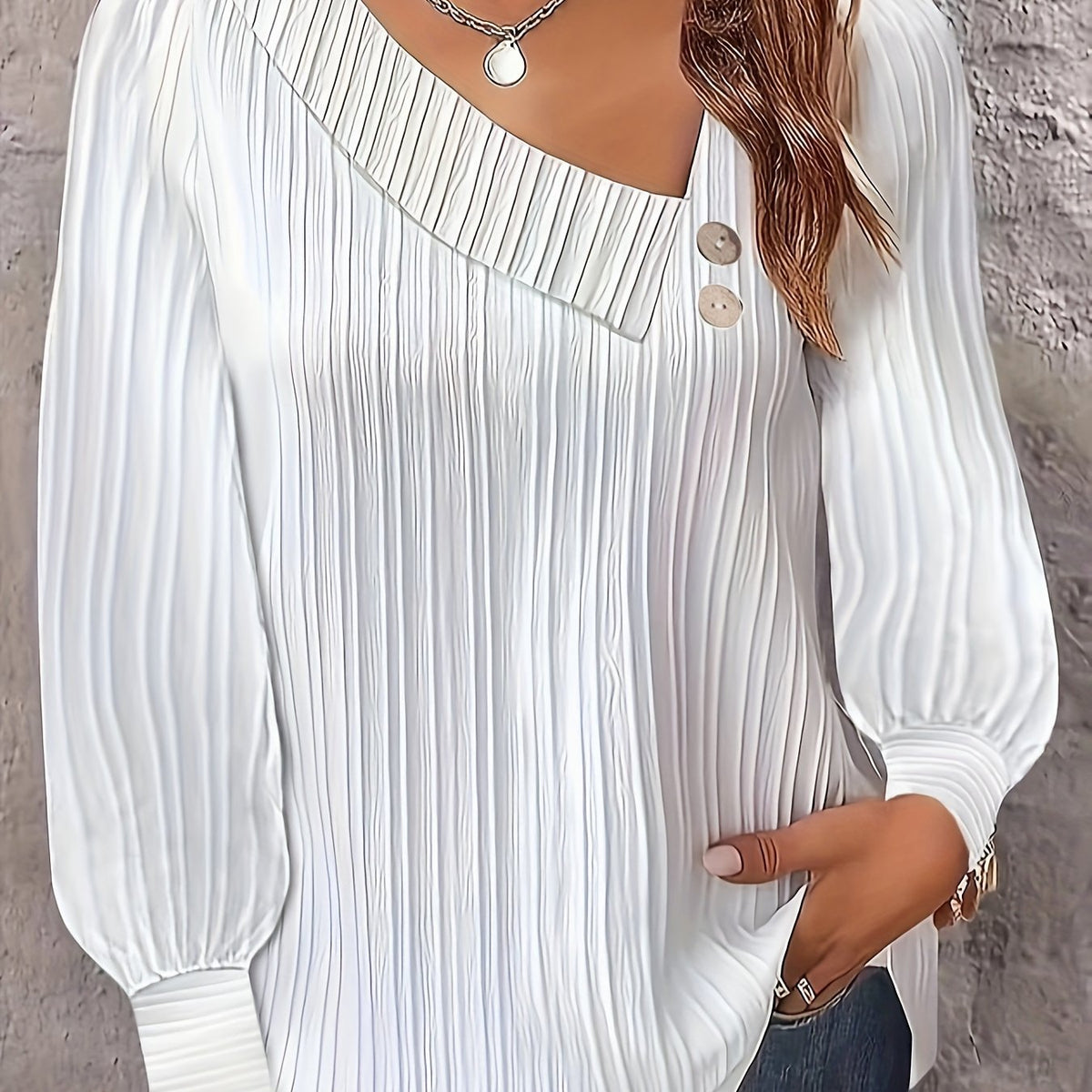  Ribbed Button Long Sleeve Blouse