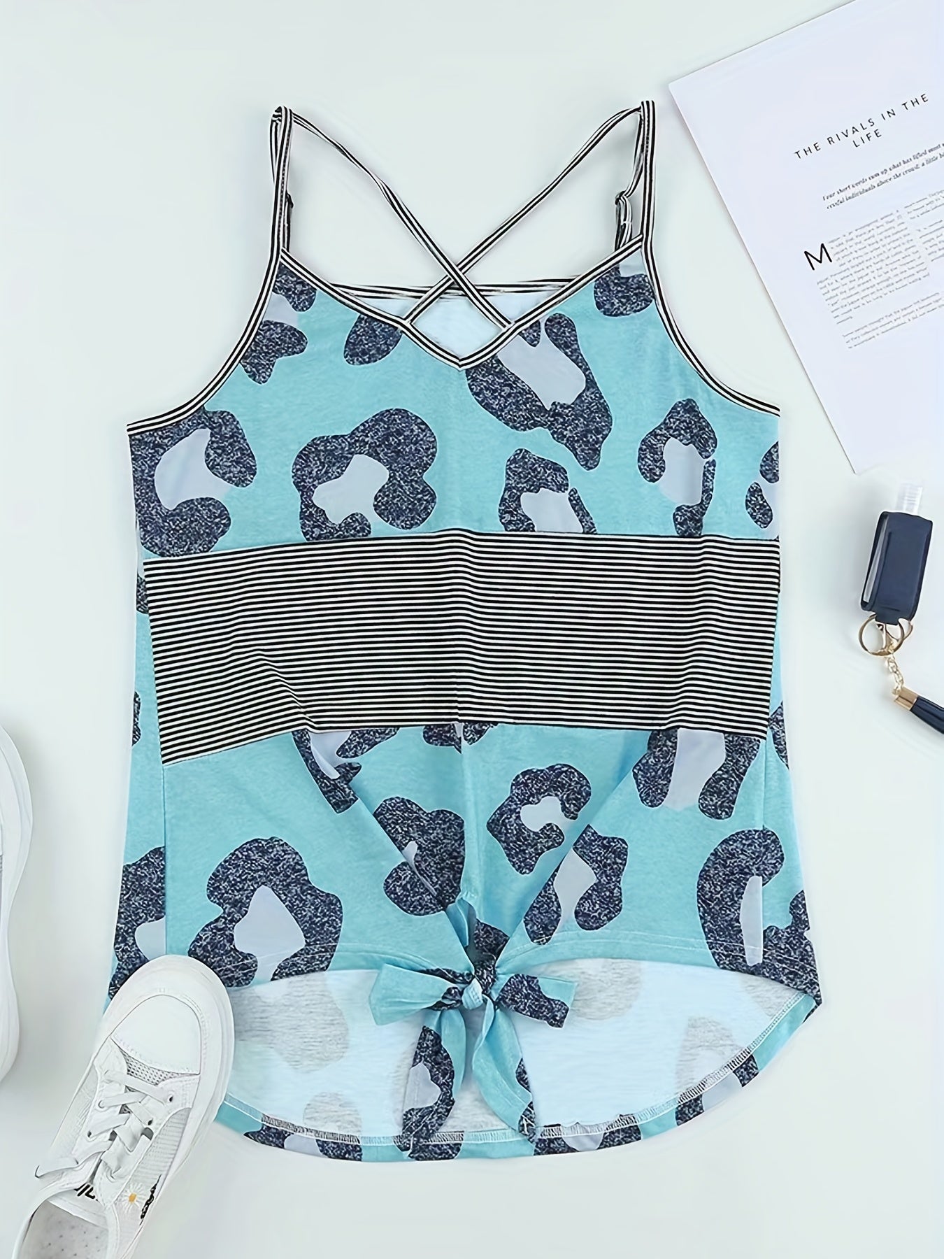 Stripe & Leopard Print Cross Front Cami Top V Neck Spaghetti Strap Summer Top