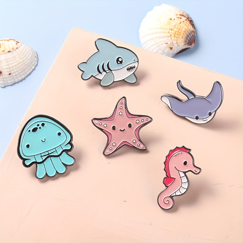 Enamel Marine Life Brooch Set Shark Jellyfish Seahorse Pins