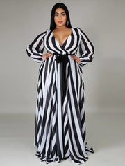  Strip Print V Neck Long Sleeve Wrap Maxi Dress