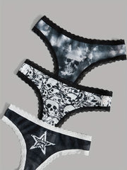 3pcs Skull Pattern Thongs with Lace Trim for Women