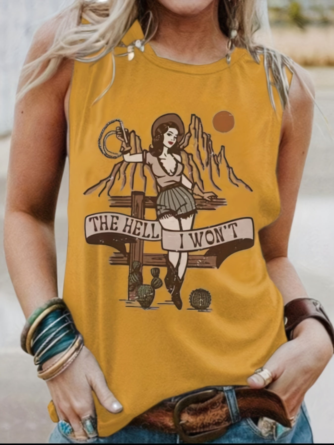  Cartoon Print Tank Top Crew Neck Medium Stretch