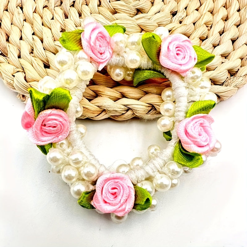 Rose Flower Faux Pearl Hair Tie Rubber Head Rope Sweet Lady Headwear
