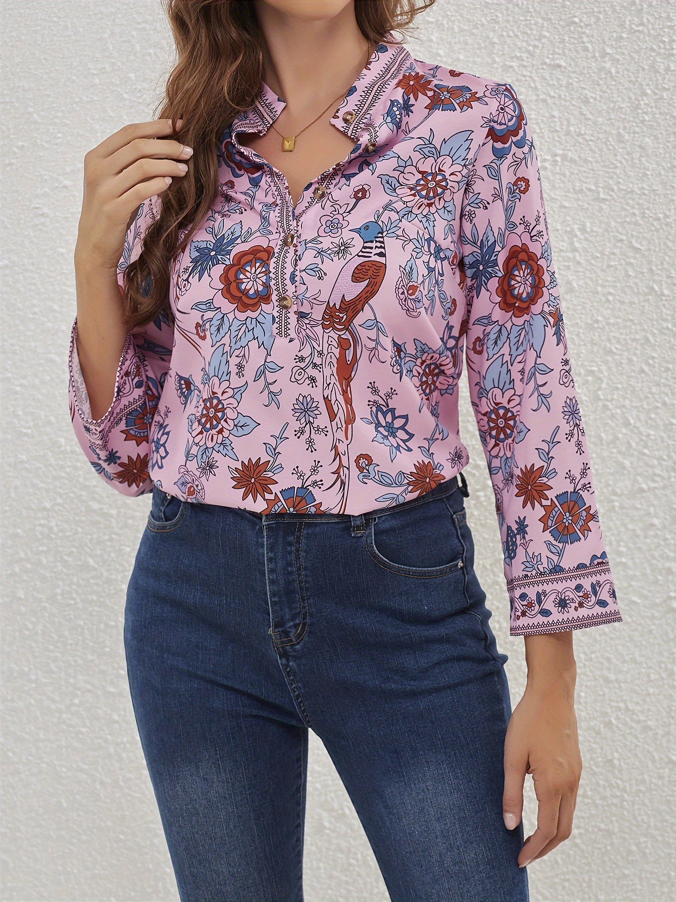  Ethnic Style Blouse Women's Plus Bird & Floral Print Long Sleeve