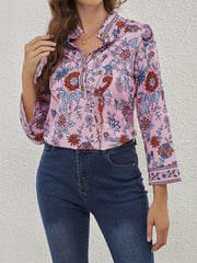  Ethnic Style Blouse Women's Plus Bird & Floral Print Long Sleeve