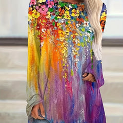  Floral Painting Print Long Sleeve Tee Dress
