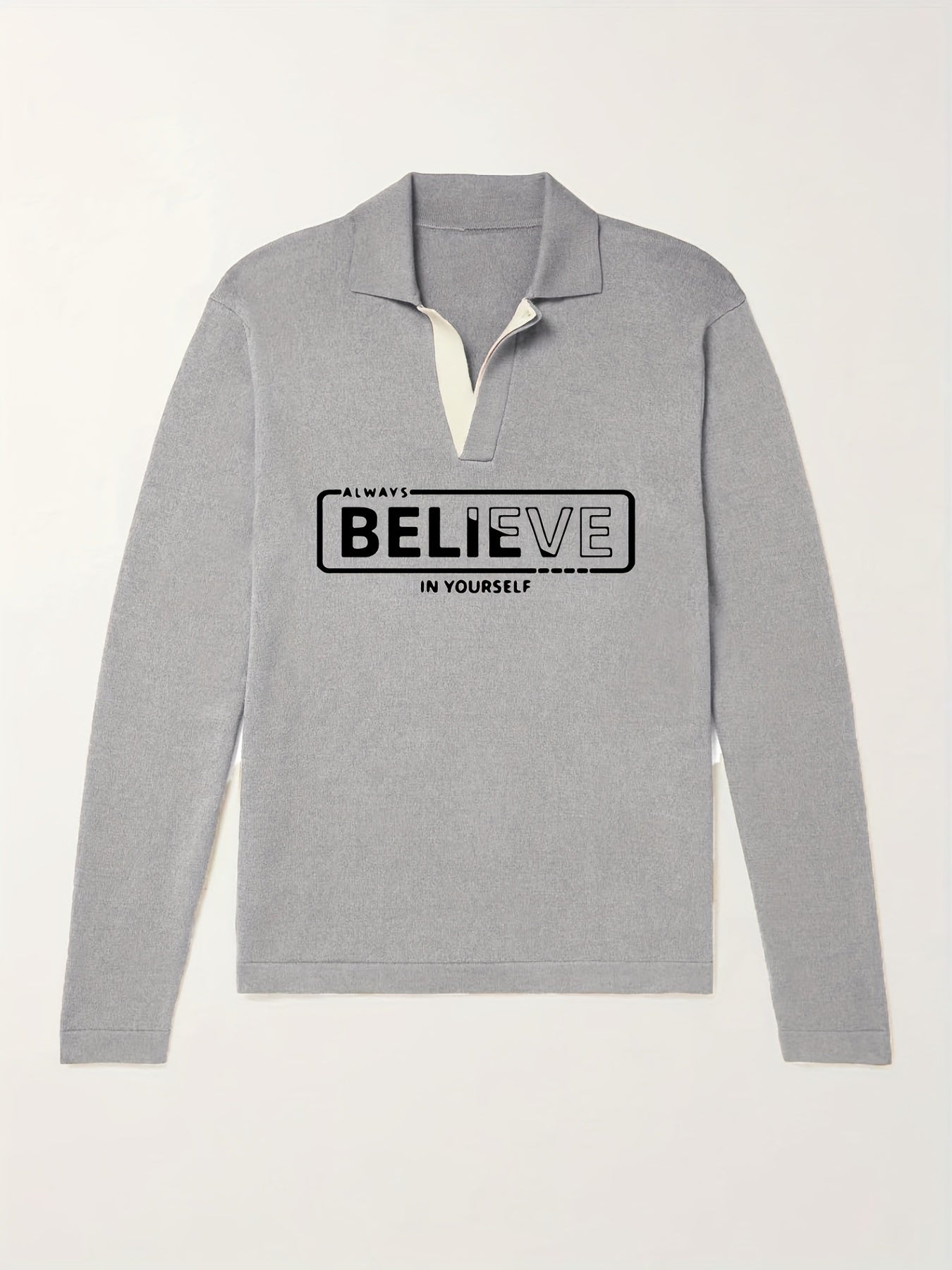 BELIEVE Pattern Knit Polo Shirt Men's Casual Lapel Pullover Sweater