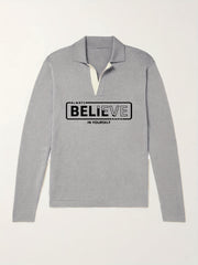 BELIEVE Pattern Knit Polo Shirt Men's Casual Lapel Pullover Sweater