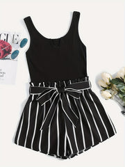 Stripe Print Belted Romper Jumpsuit Casual Sleeveless Tank Romper Jumpsuit