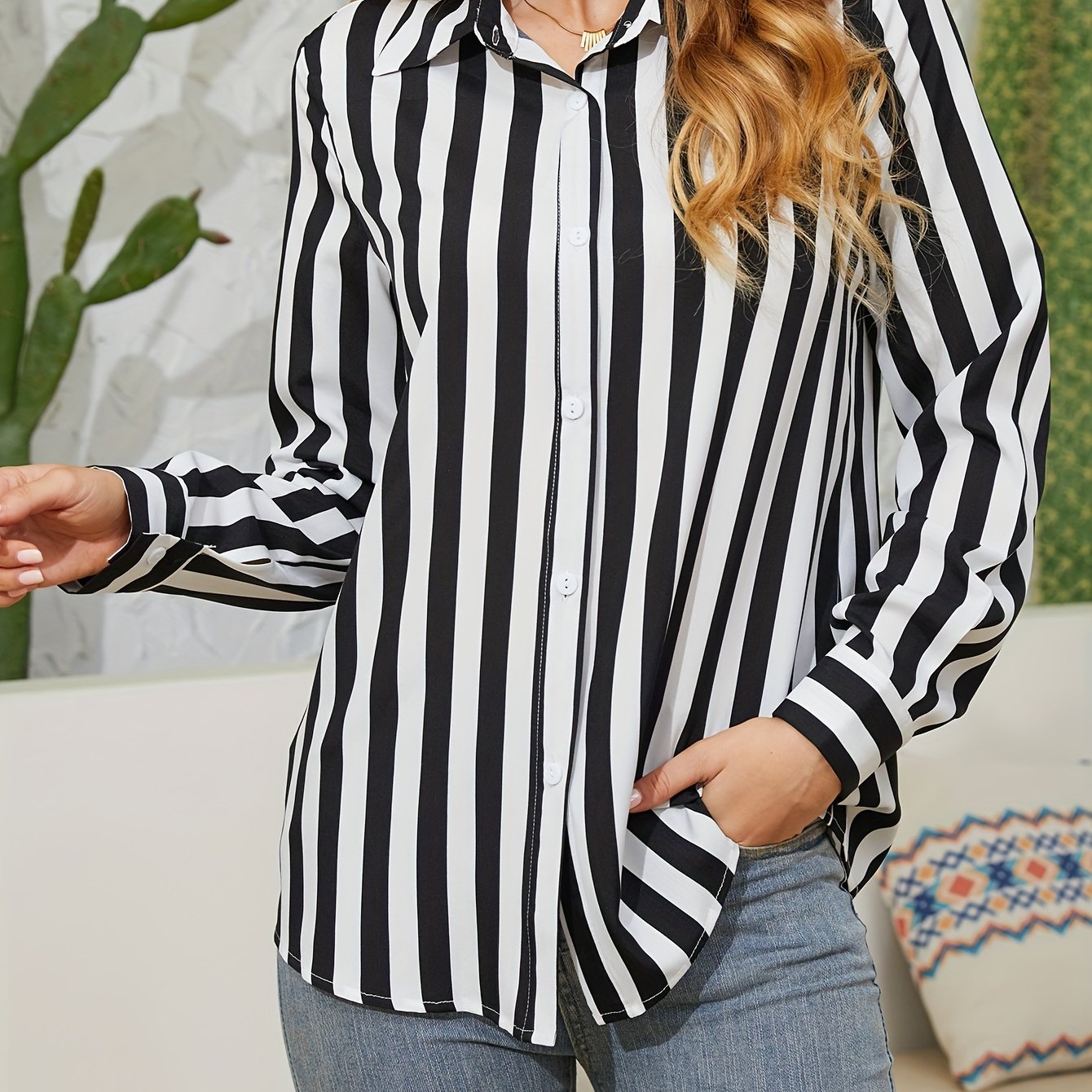  Stripe Print Button Up Long Sleeve Collar Shirt Top