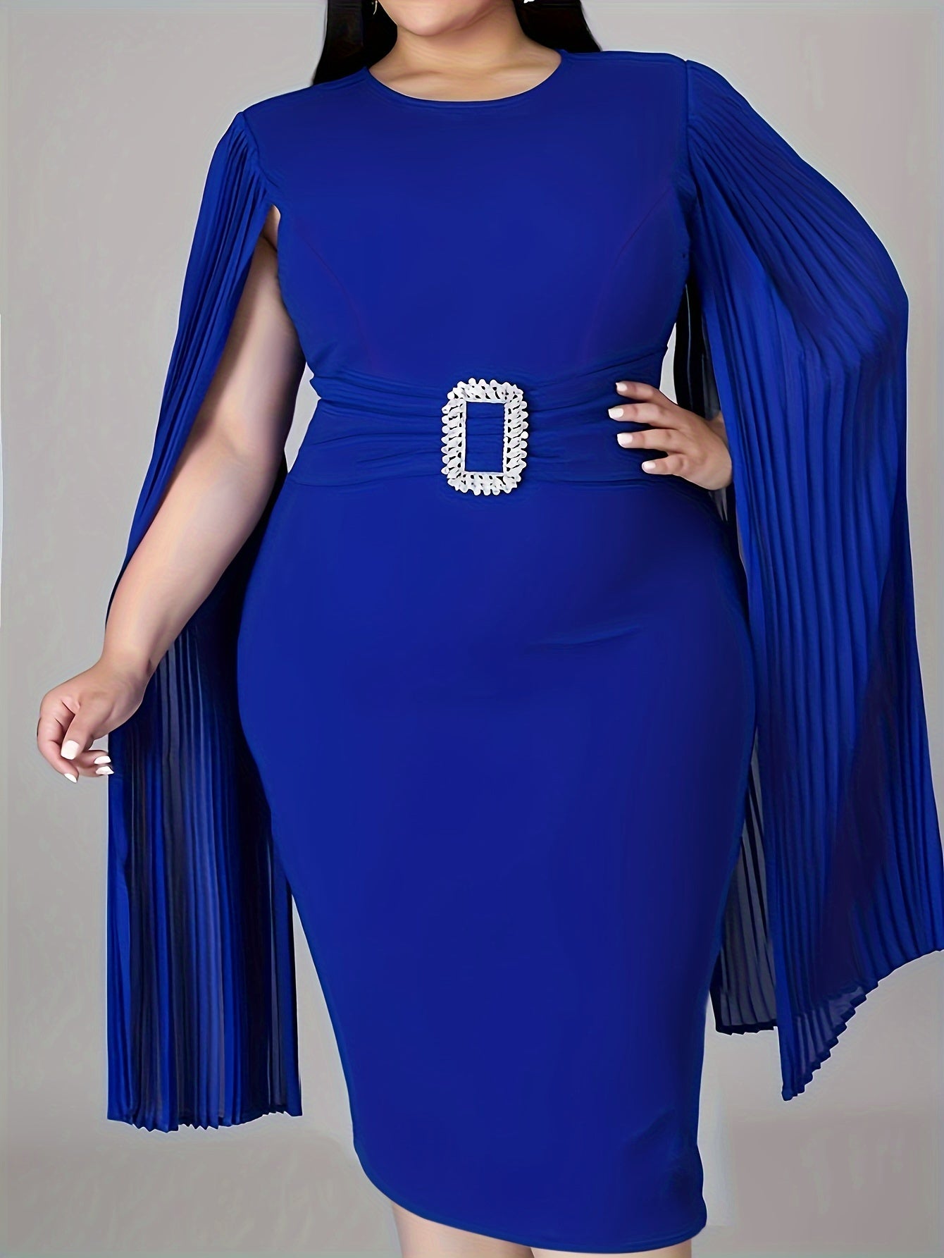 Women's Plus Cloak Sleeve Belted Pleated Formal Dress