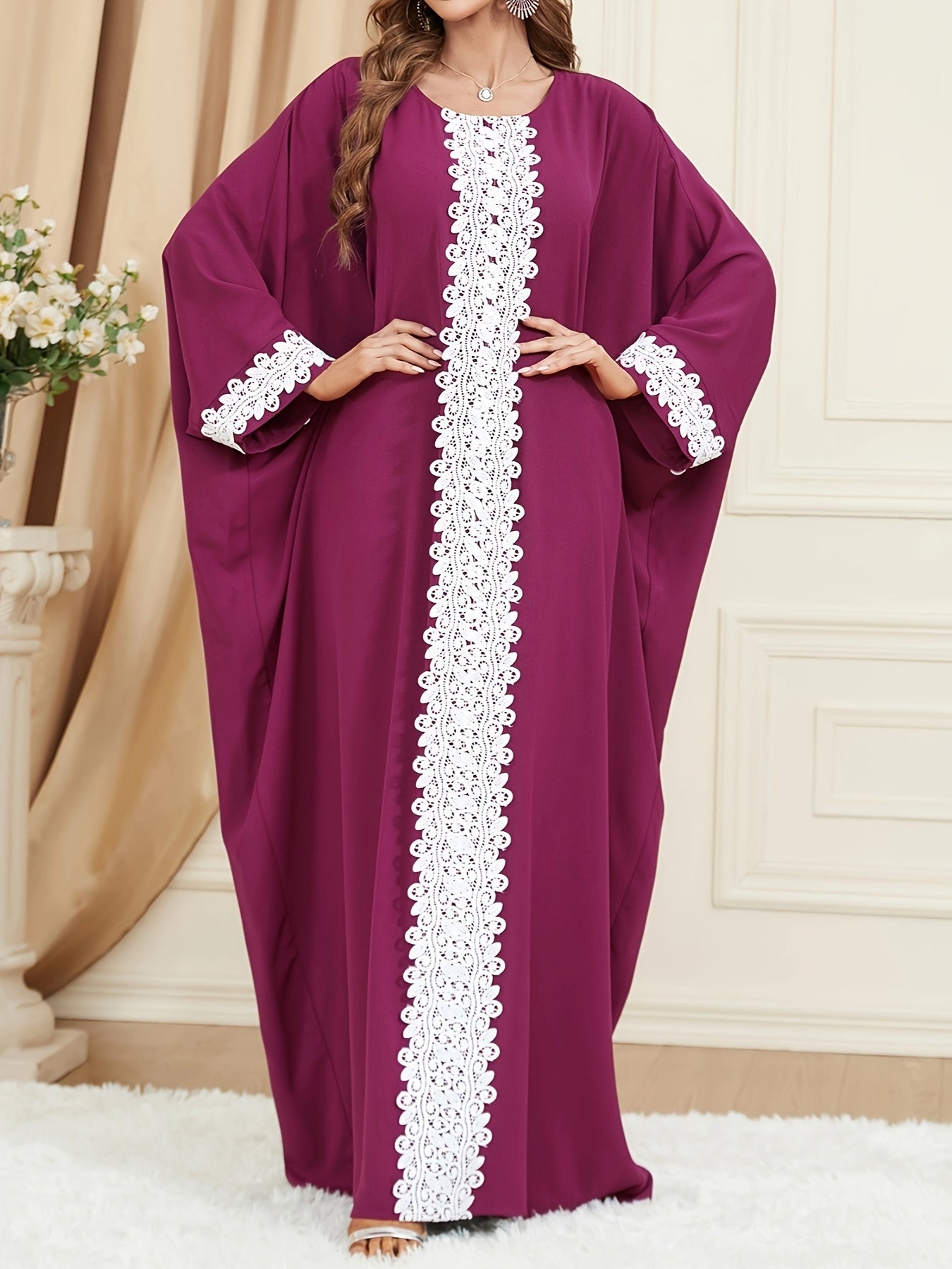  Kaftan Dress Lace Trim Batwing Sleeve Maxi Dress