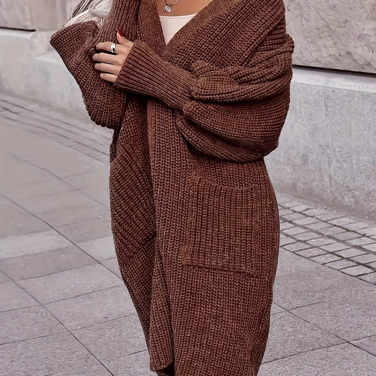  Solid Lantern Sleeve Open Front Cardigan With Pockets