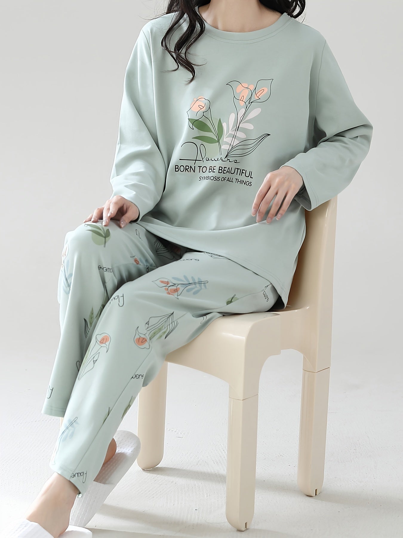 Floral Pajama Set Long Sleeve Top & Pants Women's Sleepwear