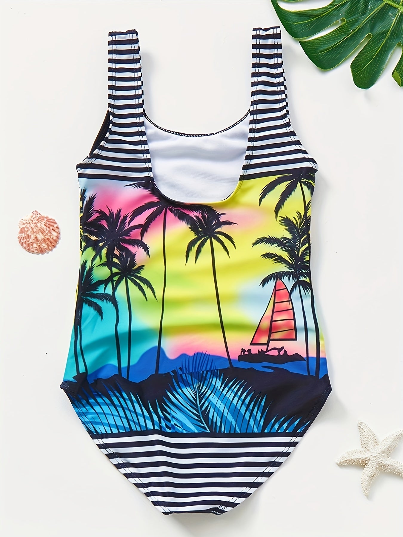 Toddler Girls Striped Coconut Tree Sleeveless Swimsuit
