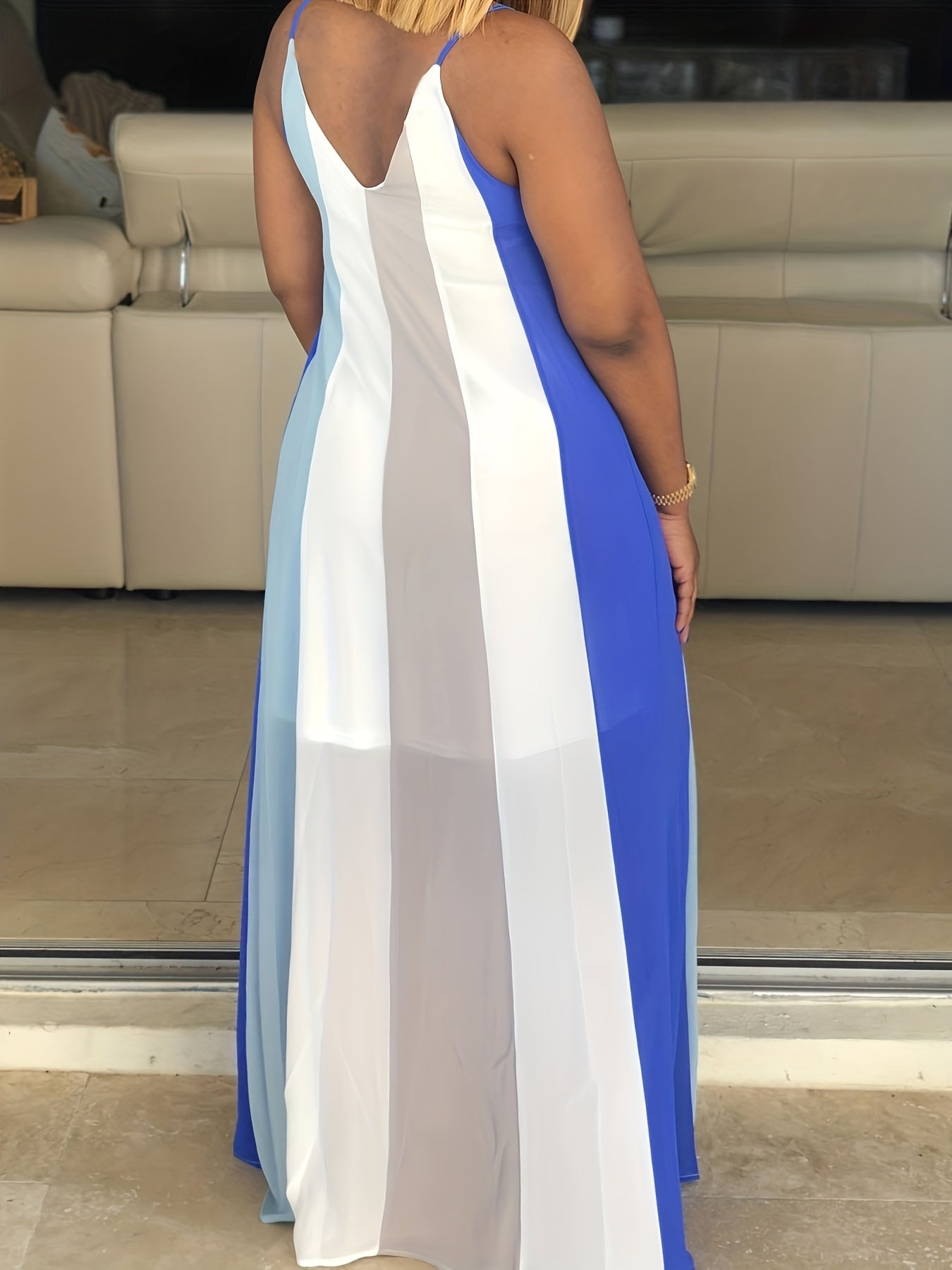  Colorblock Stripe V Neck Loose Fit Cami Summer Dress