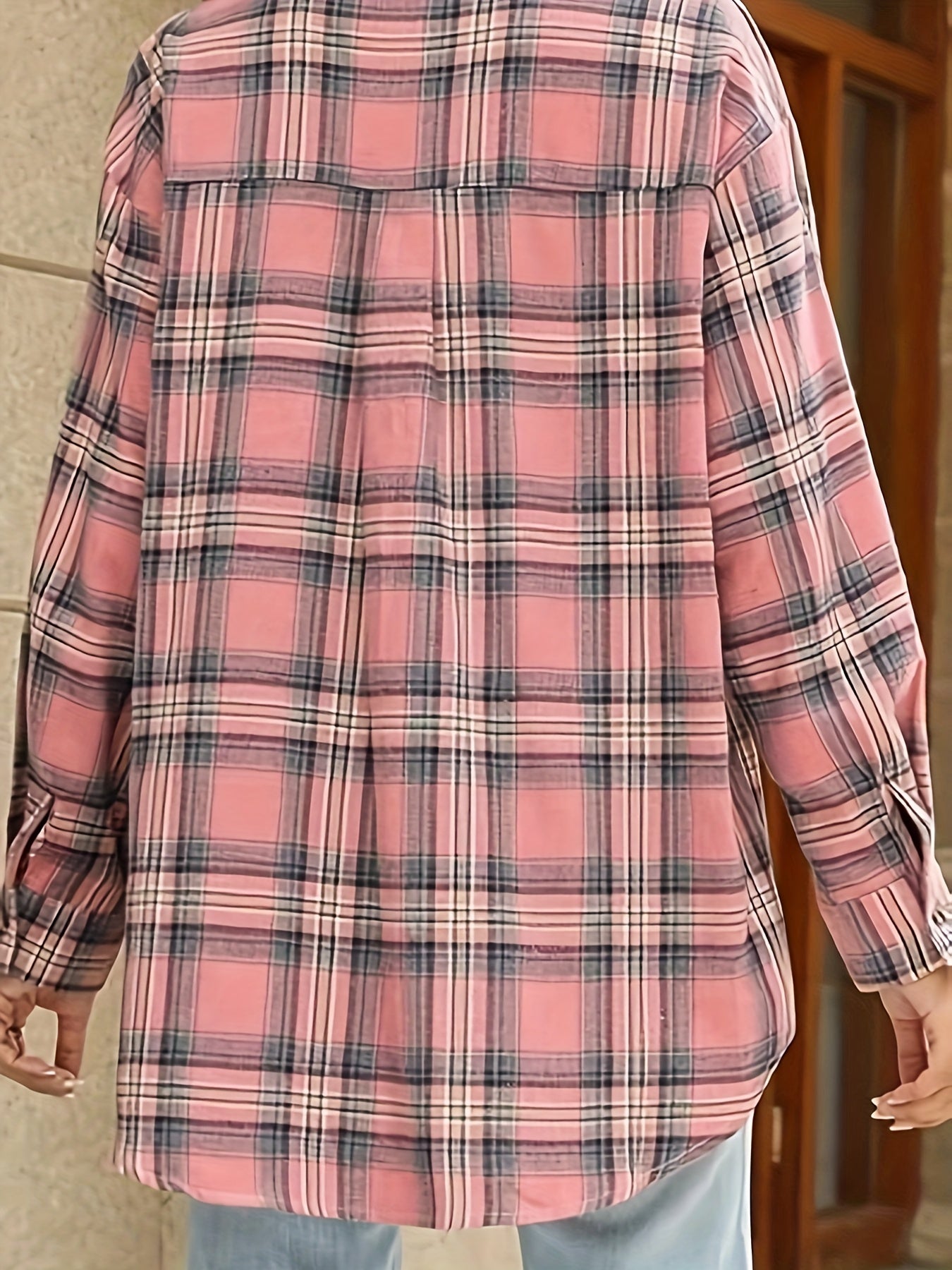  Plaid Print Long Sleeve Button Up Loose Fit Shirt