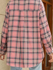  Plaid Print Long Sleeve Button Up Loose Fit Shirt