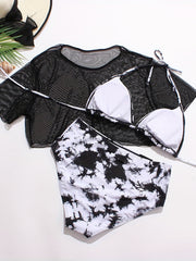  Rainbow Tie Dye Mesh Crop Top & Panties & Bra Swimsuit Set