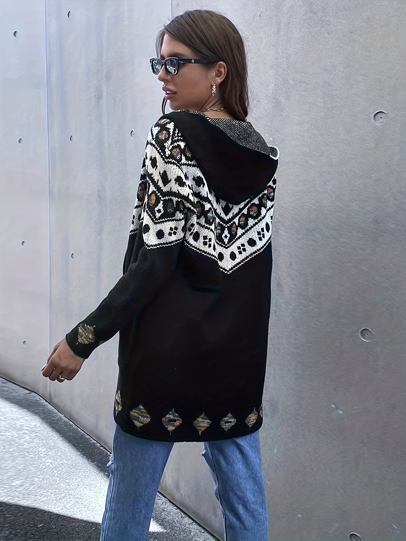  Geo Print Open Front Hooded Sweater Cardigan