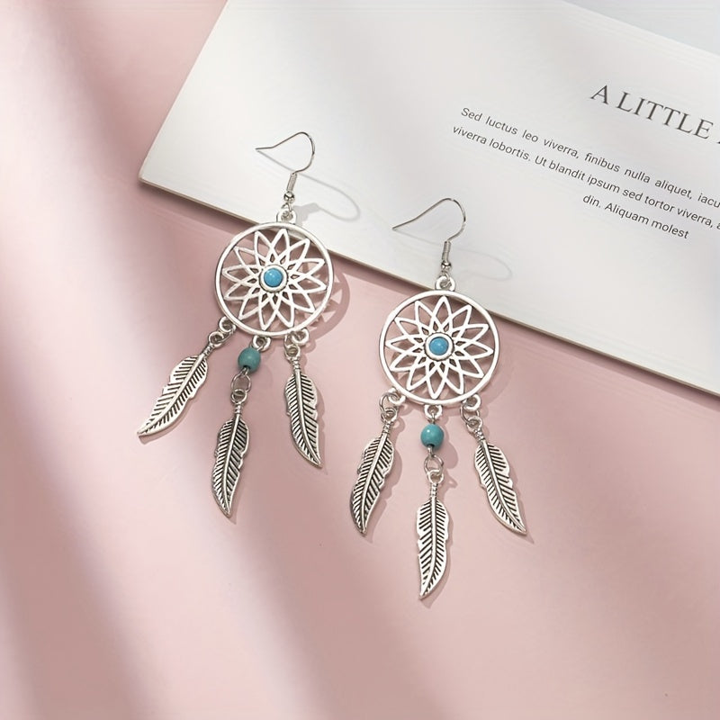 Feather Pine Stone Dream Catcher Earrings Vintage Ear Jewelry