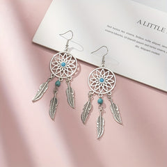 Feather Pine Stone Dream Catcher Earrings Vintage Ear Jewelry