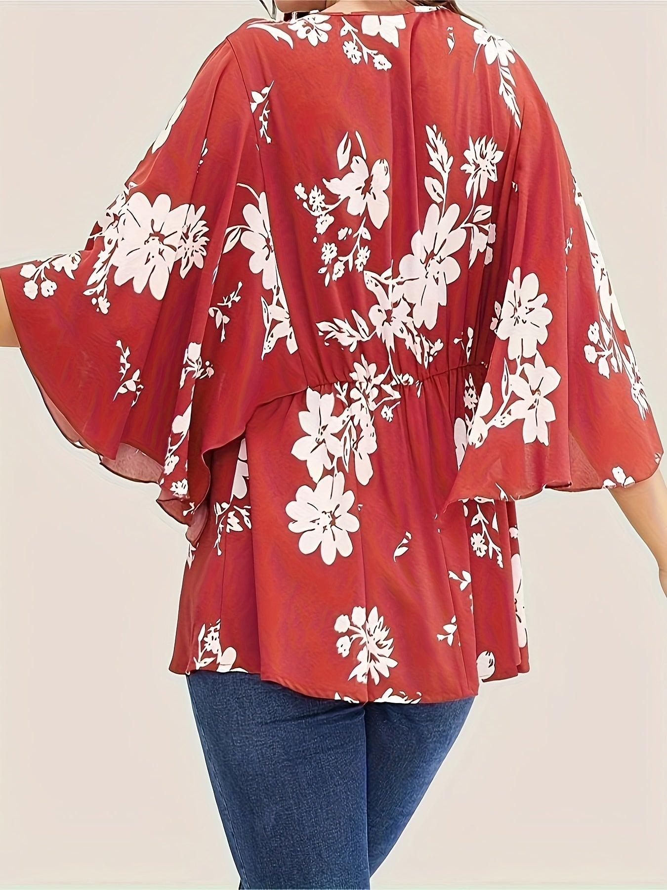 Floral Print Butterfly Sleeve Peplum Blouse