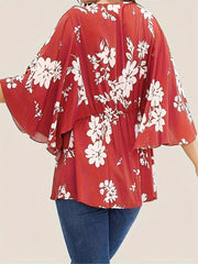  Floral Print Butterfly Sleeve Peplum Blouse