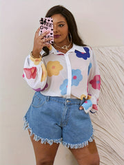  Floral Print Button Up Lantern Sleeve Blouse