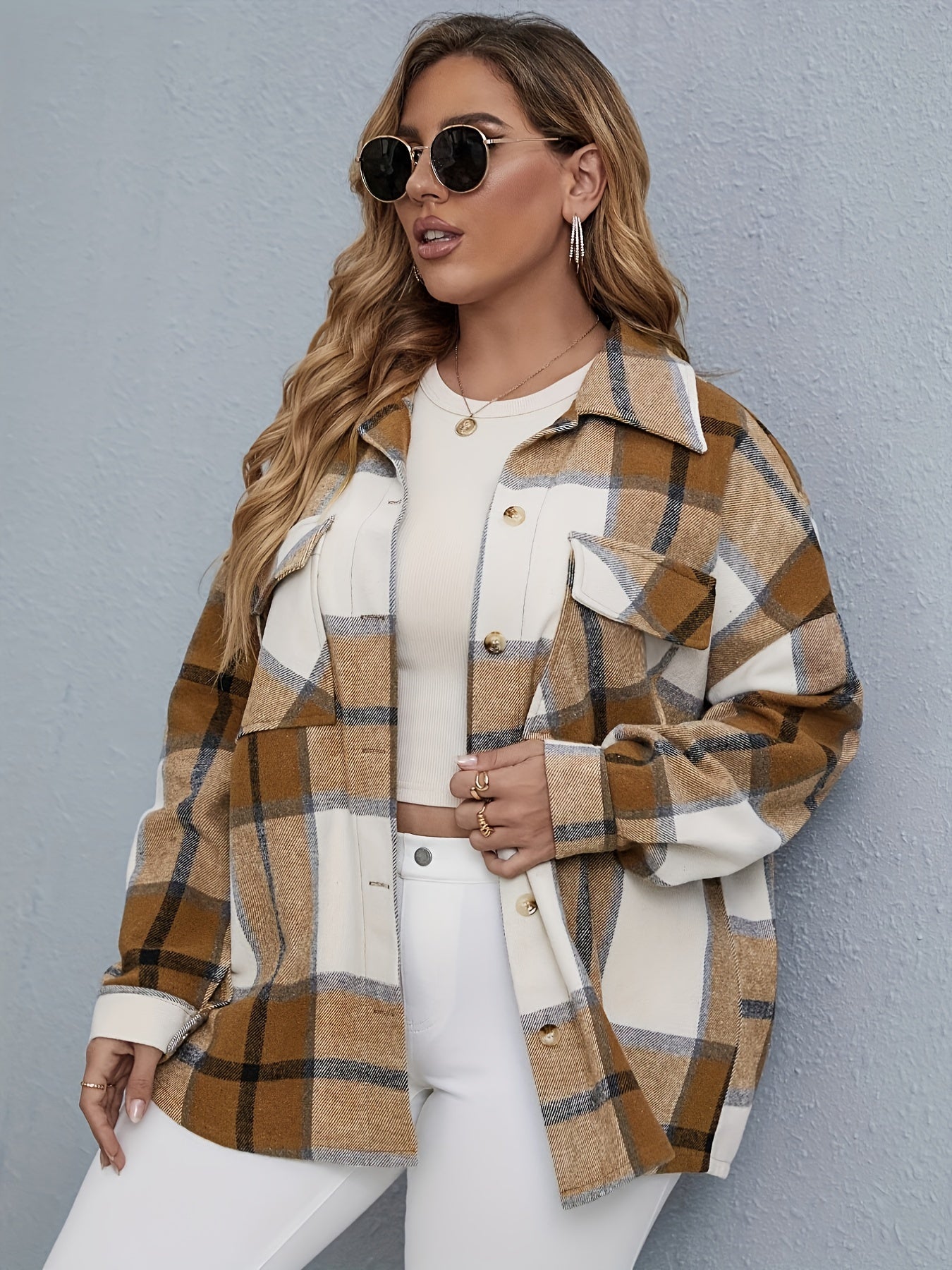  Plaid Print Long Sleeve Button Up Coat