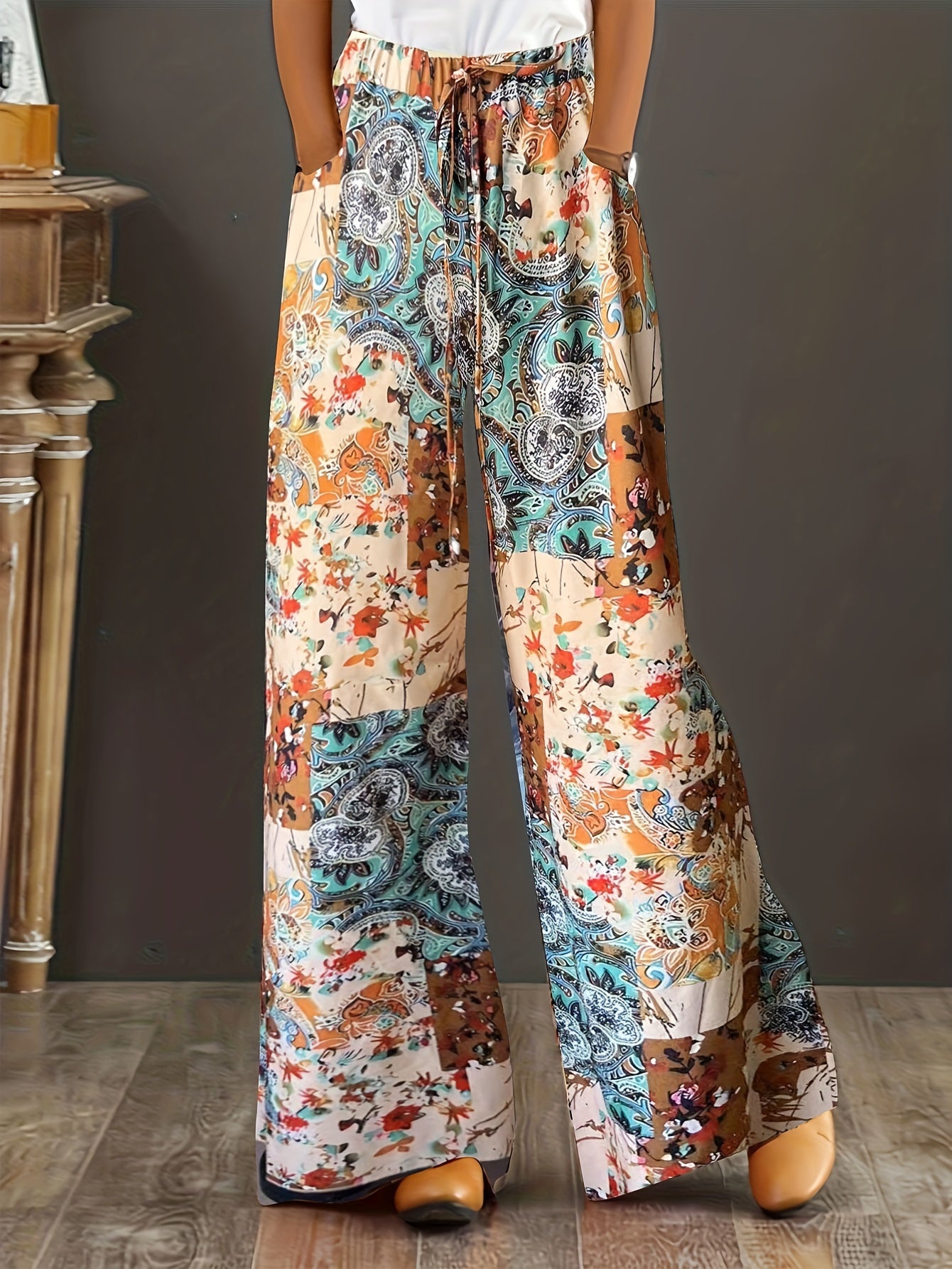  Boho Pants Women's Paisley Floral Print Wide Leg Trousers