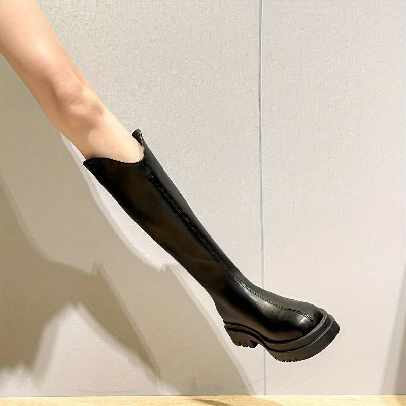 Women's Platform Knee High Boots Solid Round Toe Back Zip Long Boots