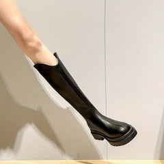 Women's Platform Knee High Boots Solid Round Toe Back Zip Long Boots