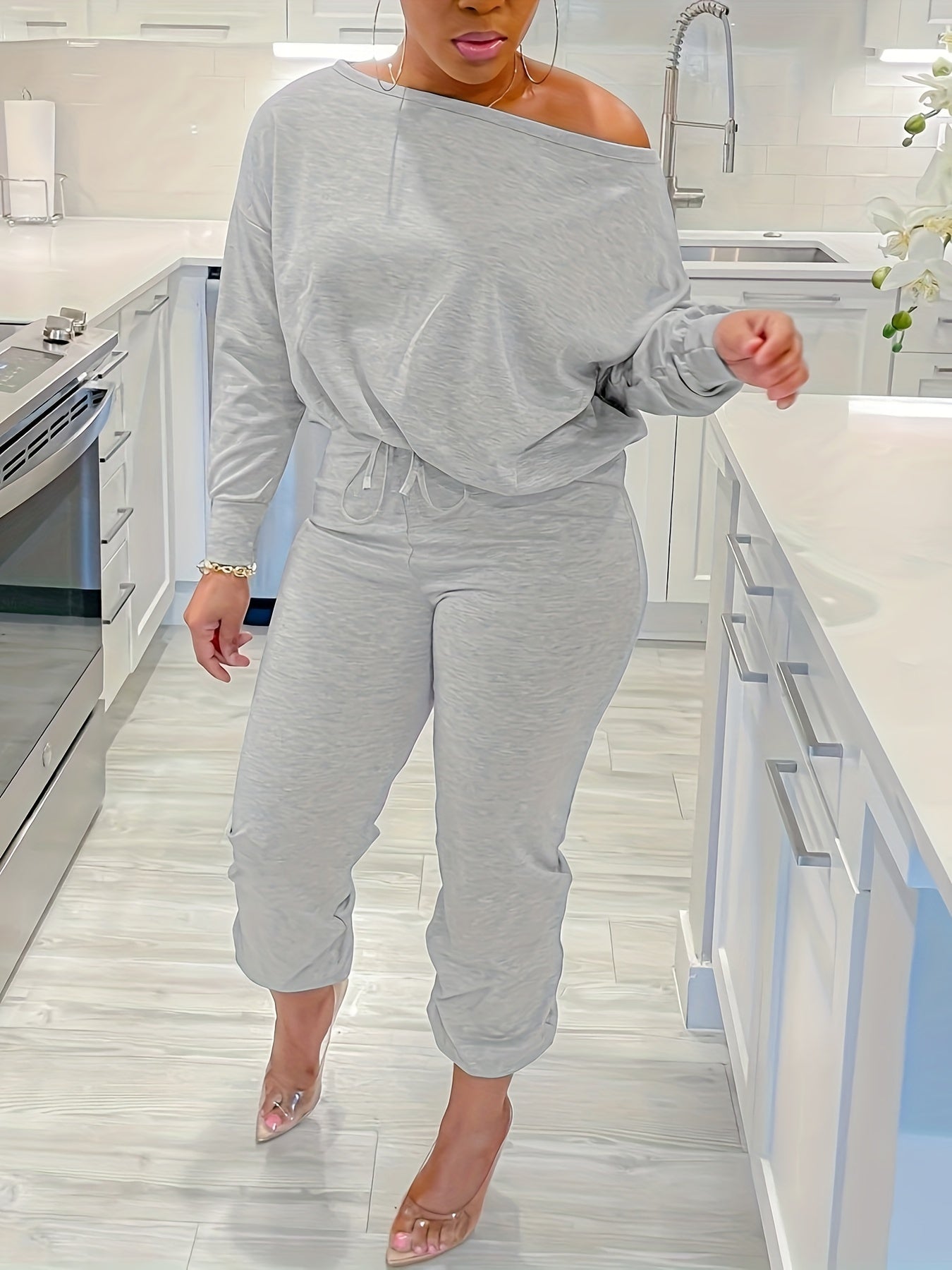  Solid Drop Shoulder Long Sleeve Top & Jogger Pants Outfits