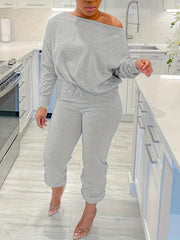  Solid Drop Shoulder Long Sleeve Top & Jogger Pants Outfits