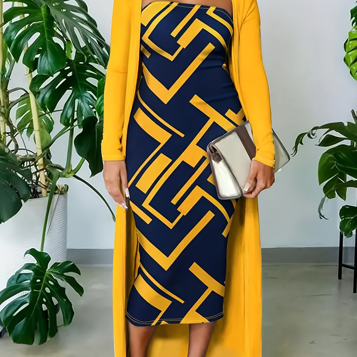  Women's Solid Long Sleeve Cardigan & Geometric Print Midi Dress Set