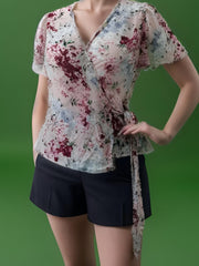  Floral Print Short Sleeve Surplice Neck T-shirt