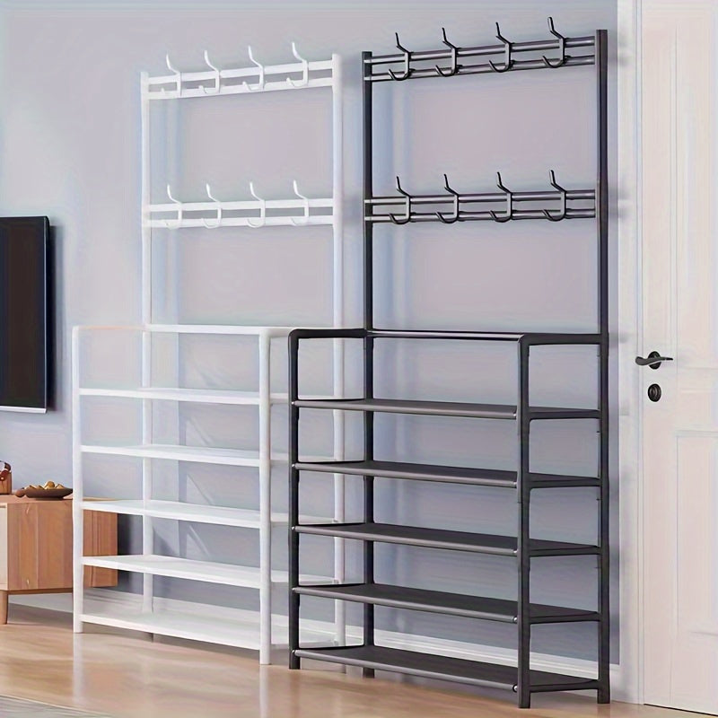Carbon Steel Coat Rack Foyer Shoe Rack with 4 Shelves & 8 Hooks