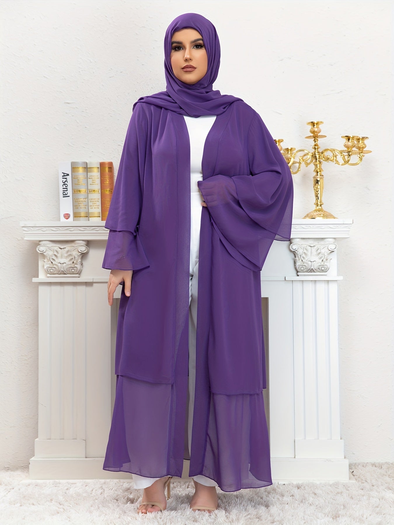  Mesh Bell Sleeve Layered Maxi Abaya Dress & Hijab 2pcs Set