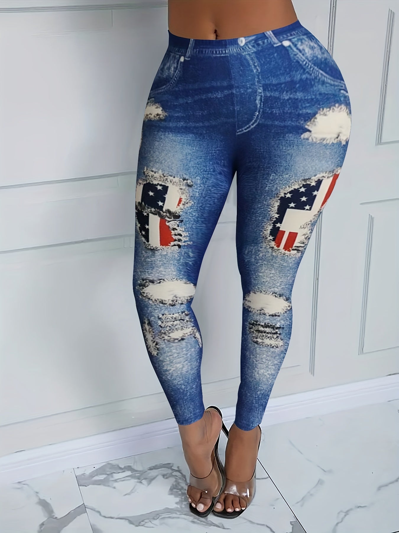  Denim Print High Rise Skinny Leggings