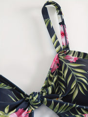  Tropical Print Bow Front V Neck High Stretch Bikini Top
