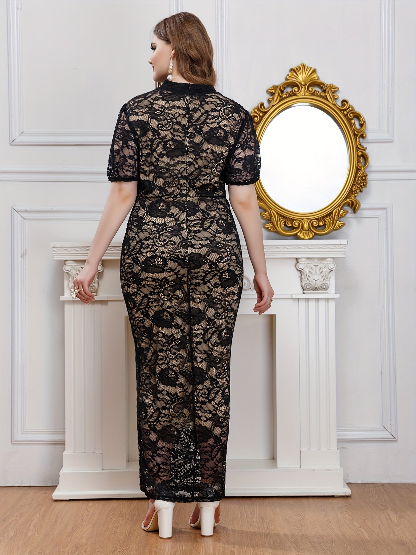  Contrast Lace Puff Sleeve Maxi Dress