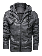 Men's Zipper Hoodie Autumn Winter Solid PU Faux Leather Jacket