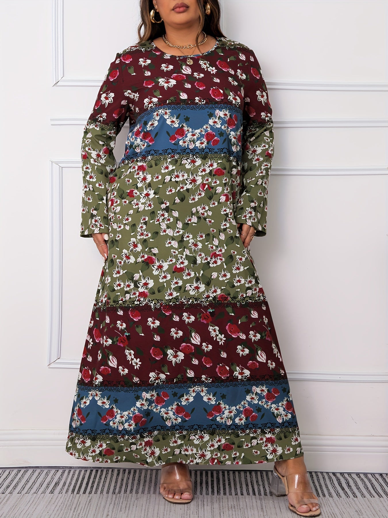  Colorblock Floral Print Long Sleeve Maxi Dress
