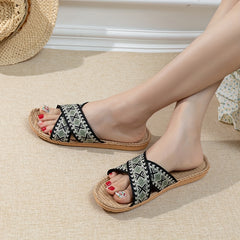 Women's Cross Straps Knit Slides Slip On Open Toe Non-slip Home Shoes