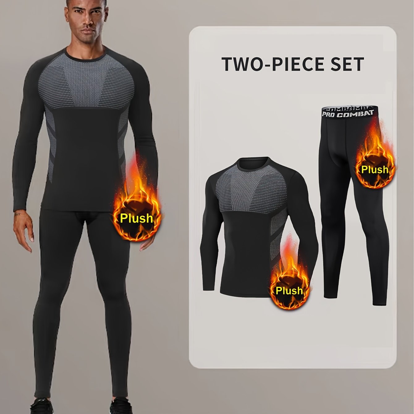 Men's Warm Fleece Underwear Set Sports Fitness Base Layer Long Sleeve Top & Pant