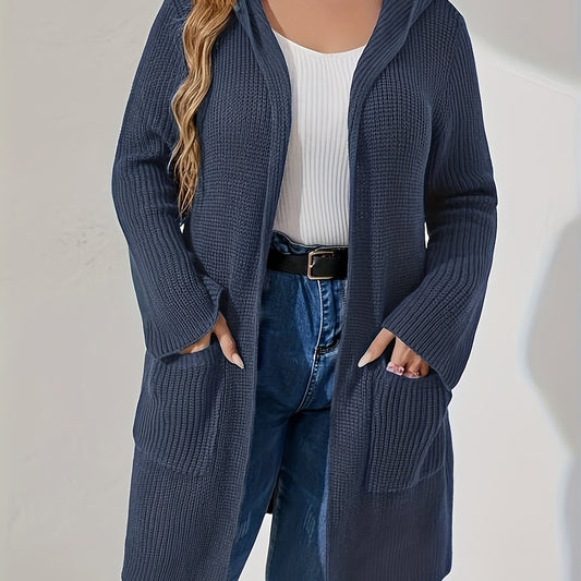  Solid Long Sleeve Hooded Cardigan With Pockets
