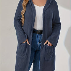  Solid Long Sleeve Hooded Cardigan With Pockets
