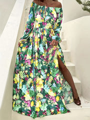 Floral Print Off Shoulder Boho Dress V Neck Thigh Slit